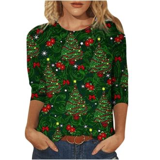 Generic Christmas Jumpers for Women UK 3/4 Sleeve Xmas Tree Printed Sweatshirt Casual Crewneck Pullover Loose Fit Christmas Blouse Tunic T Shirt Ladies Xmas S