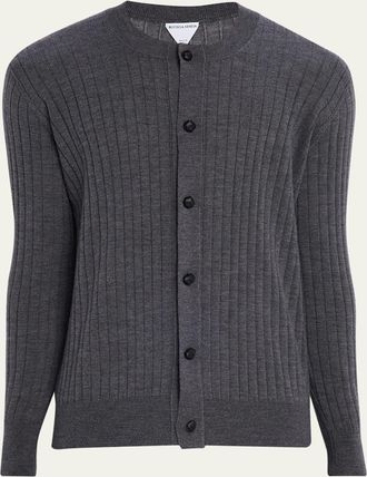 Bottega Veneta Mens Ribbed Wool Cardigan with Leather Buttons