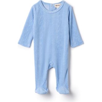 Mocha Boy Cable Textured Velour Romper in Blue at Nordstrom, Size 1M