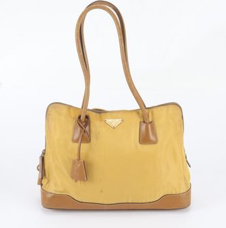 Prada Brown Yellow Leather Nylon Tote Bag (Pre-Owned)