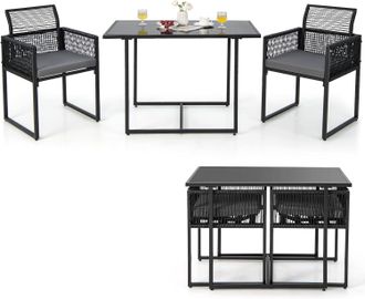Costway Set Di 3 Pezzi Pranzo Da Giardino, Set Di Tavolo E Sedie Da Esterno In Rattan Pe Con Schienali Pieghevoli, Tavolo In Vetro Temperato, Per Balcone Giar