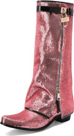 Generic Womens Sequined Mid-Calf Boots Metallic Lock Detail Side Zipper Pointed Toe Low Block Heels Glossy Strap Comfortable Non-Slip Durable Design,Pink,6.5 