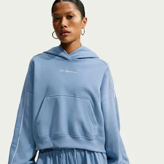 Nike Womens Studio Fleece Medium Weight Graphic Pack Cropped Pullover Hoodie in Blue | IO9948-486