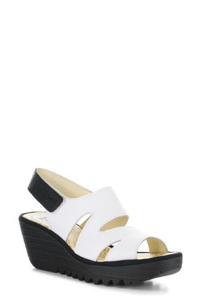 FLY London Yaad Slingback Platform Wedge Sandal in White/Black at Nordstrom, Size 10-10.5Us
