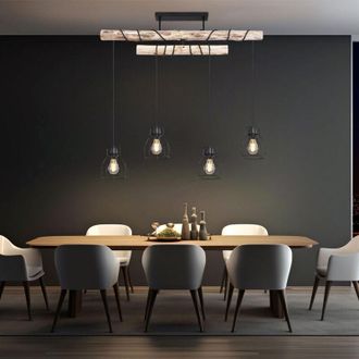 Globo Lighting Lampada a sospensione trave in legno lampada da sala da pranzo a 4 luci lampada a sospensione regolabile in altezza, metallo nero, 4 prese E27, LxLxA