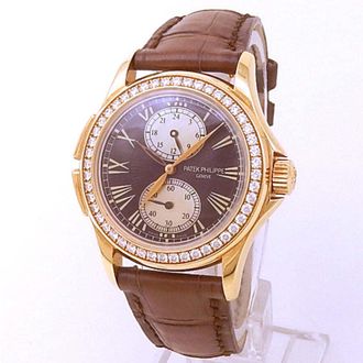 Patek Philippe Pre-owned Patek Philippe Calatrava Travel Time Hand Wind Diamond Brown Dial Mens Watch 4934R-001