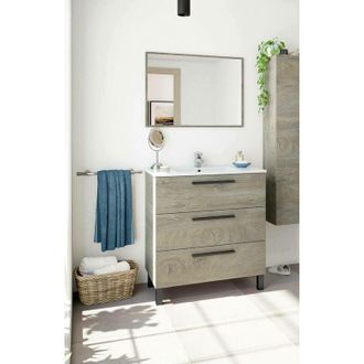 Dmora Dmora - Armario bajo encimera Dlo, Mueble de baño, Armario con 3 cajones y espejo, lavabo no incluido, 80x45h86 cm, Roble
