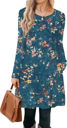 Generic Long Sleeve Tshirt Dresses for Women with Pockets Autumn Winter Casual Crew Neck Loose Vintage Graphic Printed Dress UK,Square Neck Smocked Dress Wome