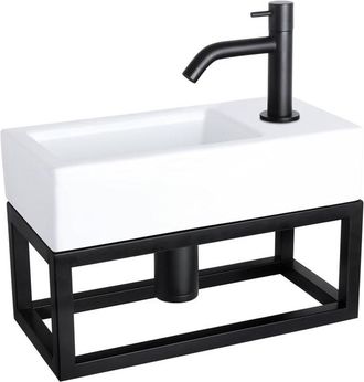 Differnz Ravo fonteinset - 38.5x18.5x25cm - Rechthoek - 1 kraangat - Gebogen matte zwarte kraan - met zwart frame - Keramiek Wit