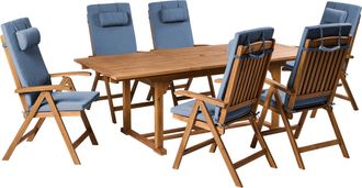 Beliani Conjunto De Comedor Exterior 6 Plazas De Madera De Acacia Sillas Plegables Con Cojines Azules Java Premium