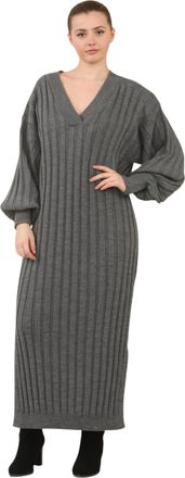 Janisramone Womens Rib Knitted Dress, Long Balloon Sleeve V Neck Maxi Dress, Warm Side Split Dress, Winter Maxi Dresses for Women UK, Casual Long Knitted Jumper D