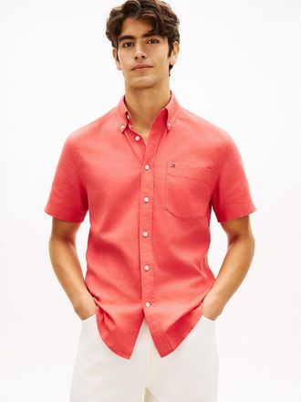 Tommy Hilfiger Mens Regular Fit Dyed Cotton-Linen Shirt - Red - XXL