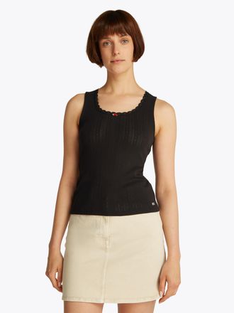 Tommy Jeans Tanktop TOMMY JEANS TJW SLIM POINTELLE TANK TOP, Damen, Gr. XS (34), schwarz, Single Jersey, Obermaterial: 100% Baumwolle, unifarben, figurbetont h&uuml;ft