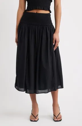 Open Edit Smock Waist Midi Skirt in Black at Nordstrom, Size X-Large