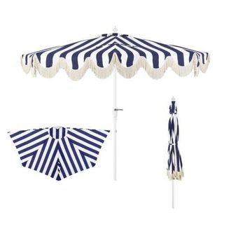 Jonathan Y Designs Beverly 9 ft. Designer Classic Scalloped Fringe Half Market Patio Umbrella with Crank, Push Button Tilt and UV Protection in Navy/white