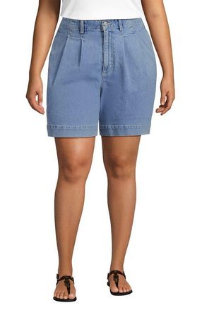 Lands End Soft Denim High Rise 7 Pleated Trouser Shorts in Hutton Blue Wash at Nordstrom, Size 24W