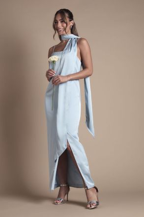 Oasis Womens Strappy Satin Maxi Bridesmaid Dress with Scarf - Light Blue - Size 18 UK