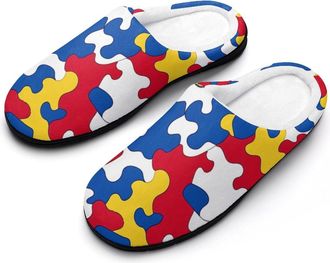 Generic Autism Puzzled Funny Mens Cotton Slippers Soft Non-Slip Rubber Sole House Slipper Indoor Outdoor