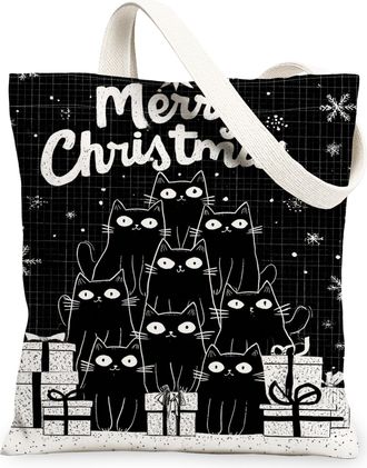 Generic Christmas Cat Canvas Tote Bags, Cute Feline Pattern Reusable Grocery Bags, Winter Lightweight Washable Shoulder Strap Canvas for Travel Picnic 13x15 I