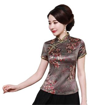 ACVIP Womens Flower Print Cheongsam Top Stand Collar Short Sleeve Chinese Blouse (UK 8/Chinese M, Peach Blossom)