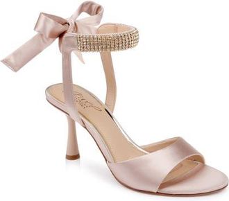 Badgley Mischka Blake Crystal Ankle Strap Sandal in Dark Nude Satin at Nordstrom, Size 9.5