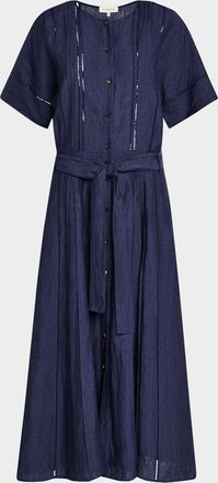 Lafayette 148 New York Lace-Inset Pintuck Linen Midi Shirtdress