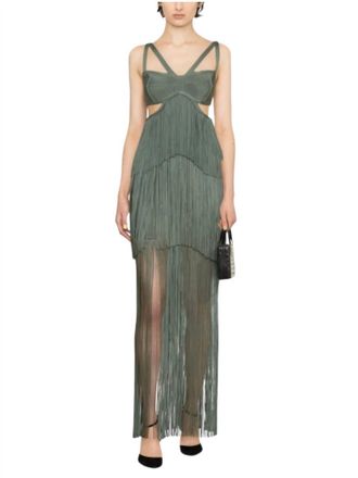 H&eacute;rve L&eacute;ger Tiered Fringe Maxi Gown In Willow Green
