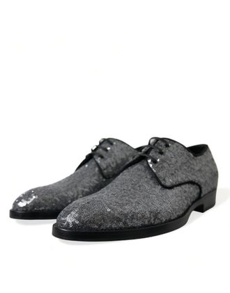 Dolce & Gabbana Silver Sequined Lace Up Men Derby Dress Shoes Black | Leather