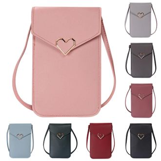 Generic Crossbody Phone Bag for Women with Heart Button Closure, Small PU Leather Cell Phone Purse with Clear Screen Window for Travel Shopping (Light Pink)