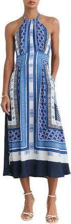 Reiss Joselyn Scarf Print Halter Neck Midi Dress in Blue at Nordstrom, Size 10 Us