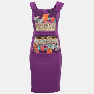 Roberto Cavalli Purple Jersey Floral Applique Beaded Bodycon Dress