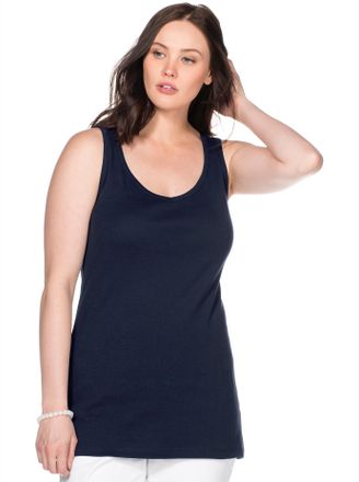 Sheego Tanktop SHEEGO, Damen, Gr. 40, blau (marine), 100% Baumwolle, unifarben, V-Ausschnitt, Tops Tanktop