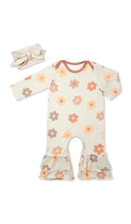 Everly Grey Ruffle Romper & Head Wrap Set in Daisies at Nordstrom, Size 12-18M