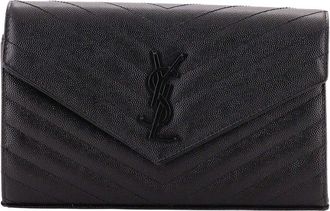 Saint Laurent Black Matelasse Chevron Leather Classic Monogram Wallet On Chain Medium (Authentic Pre-Loved)