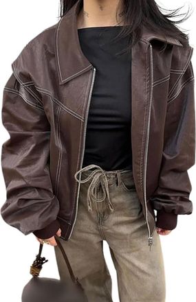 Generic Womens Faux Leather Motorcycle Jacket Oversized Zip Up Winter Coat Outerwear Fall Fashion Clothes (Coffee,M)