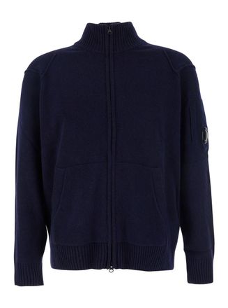 C.P. Company Blue Jacket With High Neck And Logo Plaque On The Sleeve In Wool Blend Man