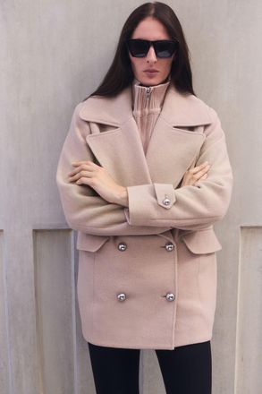 Karen Millen Womens Wool Detachable Knitted Neck Tailored Double Breasted Pea Coat - Taupe - Size 16 UK