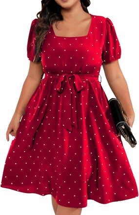 Generic Womens Plus Size 50s 60s Retro Polka Dot Square Neck Knee Length A Line Rockabilly Dress Puff Sleeve Vintage Swing Party Dresses Cocktail Dress Elegan