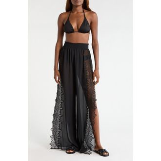 Ramy Brook Athena Lace Semisheer Split Hem Wide Leg Cover-Up Pants in Black at Nordstrom, Size Xx-Small