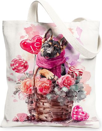 Generic Dog Floral Canvas Tote Bags, Cute Puppy Flower Pattern Reusable Grocery Bags, ValentineS Vintage Lightweight Washable Shou, White, 13x15 Inch