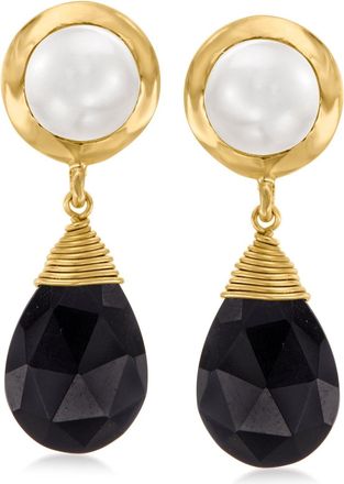 Ross-Simons 7.5-8mm Cultured Pearl and Black Onyx Drop Earrings in 18kt Gold Over Sterling
