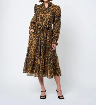 Ciebon Daphne Ruched Sleeve Animal Print Midi Dress In Cheetah Print