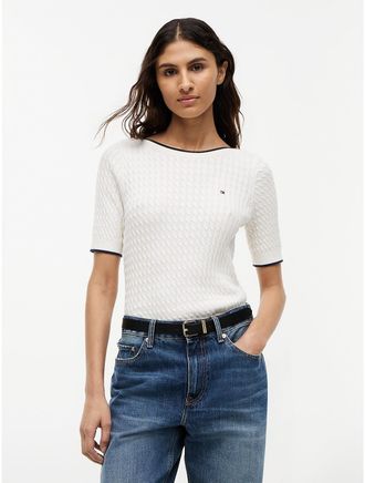 Tommy Hilfiger Womens Cable Knit Boatneck Sweater - White - XL