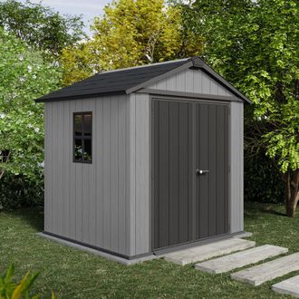 Dmora Caseta De Jard&iacute;n Oneonta, Con Cerradura, Acabado En Resina, Con Ventanas, Techo A Doble Agua, 230x224x246h Cm Gris