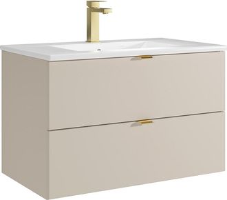 Vente-Unique Mueble de ba&ntilde;o suspendido con lavabo encastrado y grifo - Beige - 80 cm - LAVENA