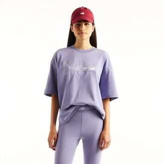 New Balance Mujer Trackside Oversized T-Shirt en P&uacute;rpura, Jersey de algod&oacute;n, Talla 2XL