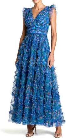 Mac Duggal Floral V-Neck Ruffle Tiered Maxi Dress with Flutter Sleeves in Blue Multi at Nordstrom, Size 16