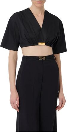Elisabetta Franchi Overhemden, Dames, Zwart, M, Katoen, Kort zwart katoenen shirt met V-hals