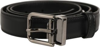 Dolce & Gabbana Black Leather Silver Tone Metal Buckle Mens Belt