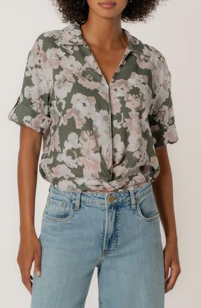 Kut from the Kloth Rebel Printed Knot Front Linen Blend Top in Andalusia Seaweed Khaki at Nordstrom, Size X-Large